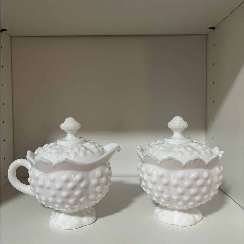 White Hobnail Milk Glass Sugar and Creamer Set Vintage With Lids